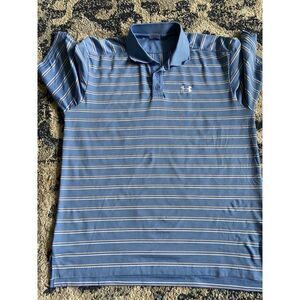 Under Armour Mens Polo, Blue Striped, Size Medium, Small Flaw (See Picture)
